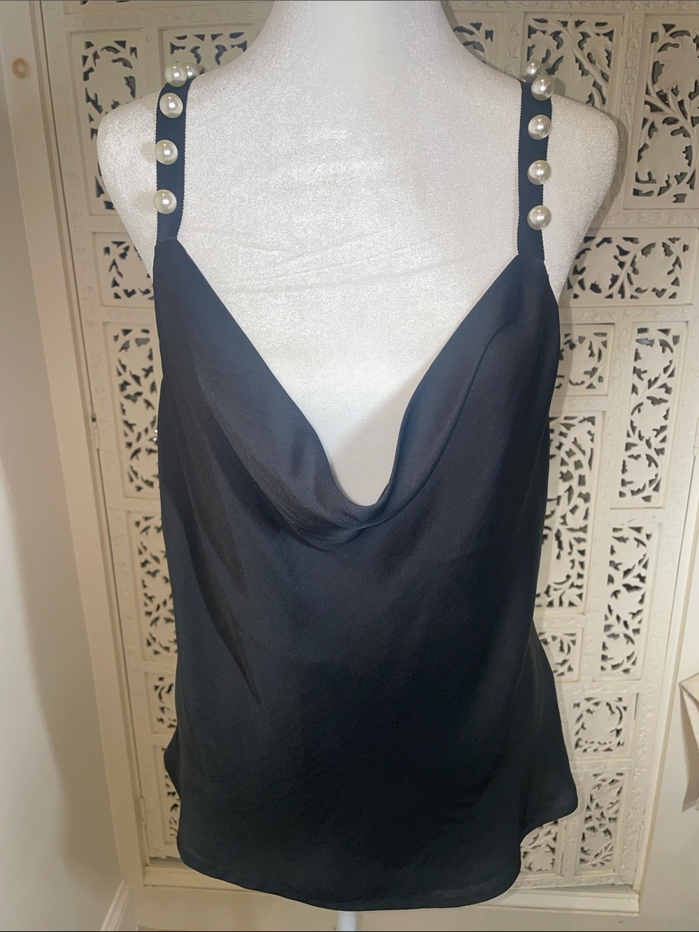Bardot Black Satin Cowl Neck Pearl Strap Camisole
